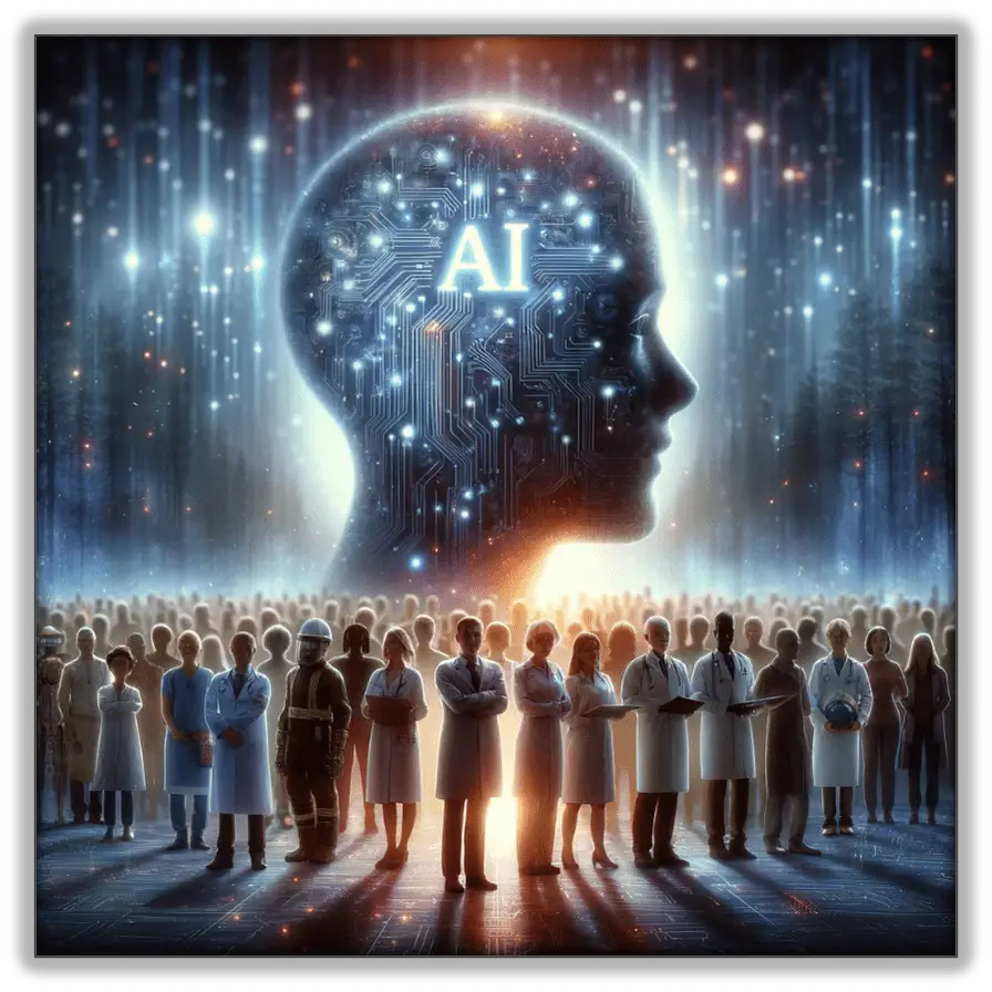 Diverses personnes de tous les horizons entourant un profil de tête lumineux avec 'AI' inscrit, symbolisant le fait que l’IA n’est pas réservé aux techniciens de haut niveau, mais bien pour tout le monde. 
