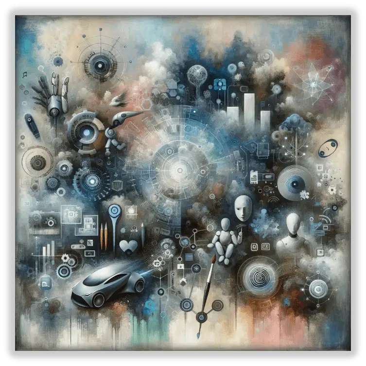 Un collage artistique d’un robot mêlant divers éléments de technologie crées par l’IA.