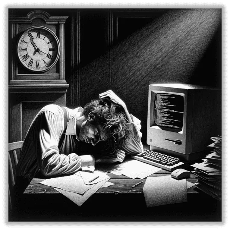 Un homme épuisé par le travail nocturne, symbolisant le gain de temps qu’il pourrait obtenir en adoptant l’IA.