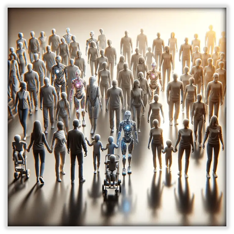 Une foule hétérogène d’humains et de robots marchant main dans la main vers un avenir éthique illuminé par l'IA, symbolisant l'intégration de l'IA dans la société.